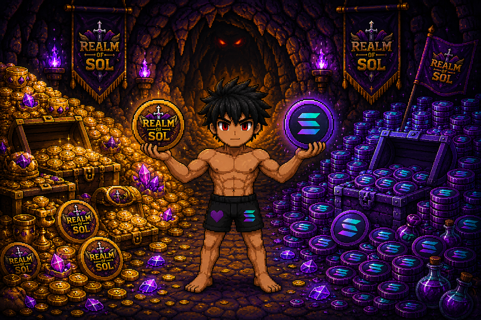 The Realm of Sol treasury: a hero holding a Realm of Sol coin and a Solana coin between a hoard of gold and a hoard of Solana tokens.